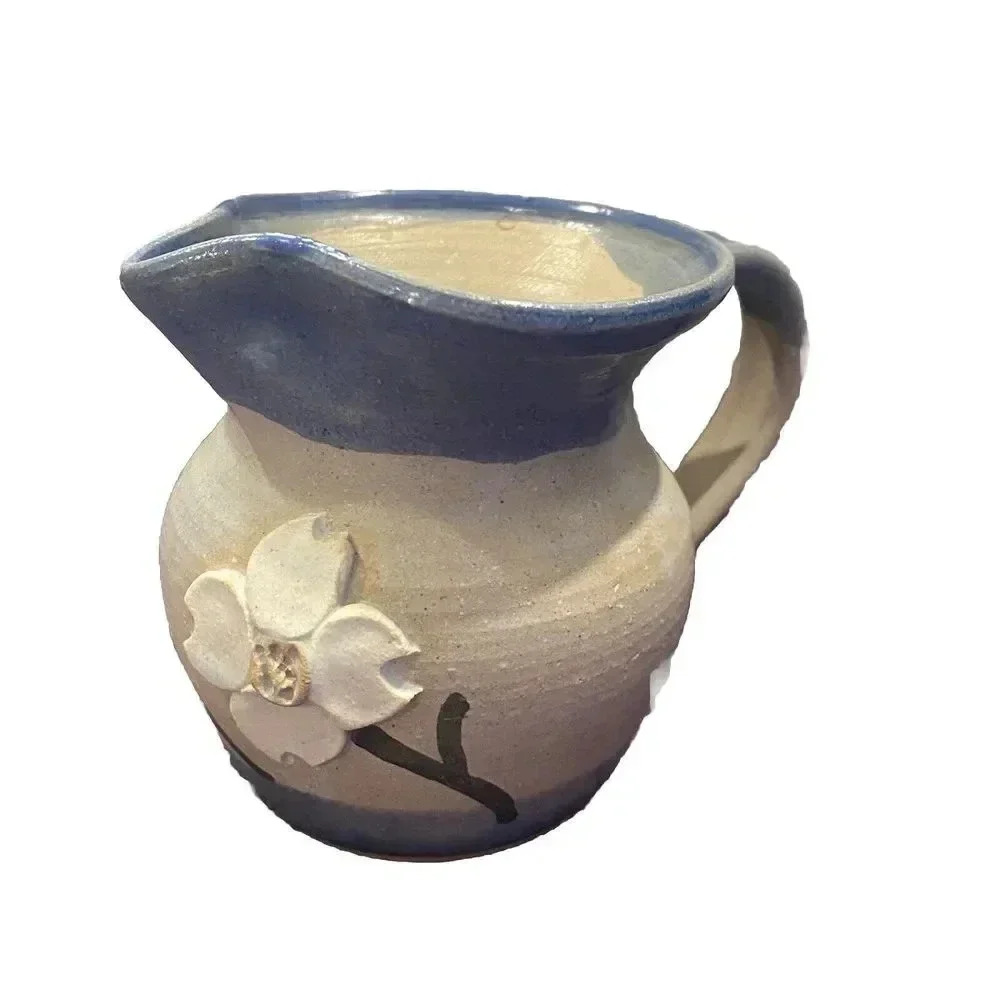 Studio Art‎ Pottery Vase Pitcher Signed Blue 4" Tall Flower Hibiscus W/ Handle